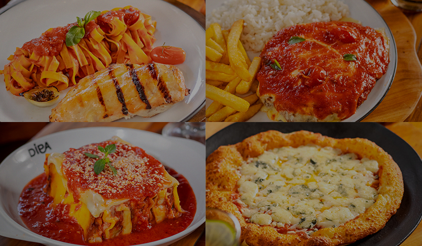 Pratos de galeto, massas e acompanhamentos.